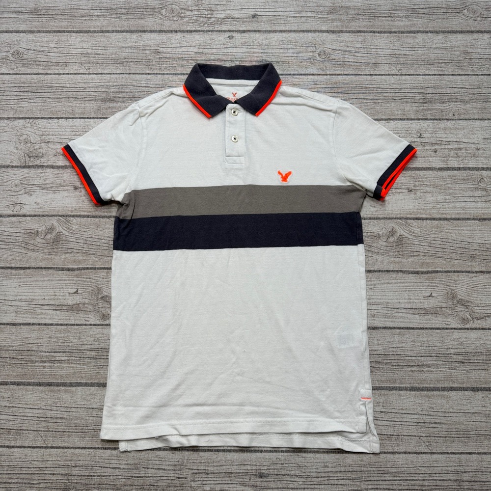 American Eagle Polo Shirt Mens Small White Classic Fit Pique Short Sleeve Cotton